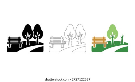Versátil Park banco ícone conjunto de ícone sólido, linha, e colorido estilos para a natureza projeto ao ar livre. com árvores caminho.