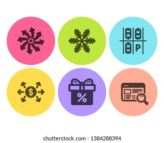 Versatile, Parking place and Discount offer icons simple set. Dollar exchange, Snowflake and Website search signs. Multifunction, Transport. Flat versatile icon. Circle button. Vector