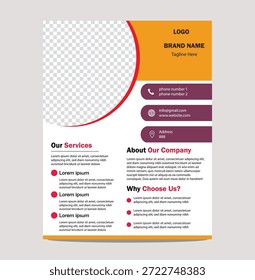 Plantilla de volante promocional versátil para la comunicación visual. Una versátil Plantilla de folletos promocionales creada para una comunicación visual eficaz. El diseño combina áreas de contenido estructurado con Elementos de diseño limpios. Conveniente para la promoción digital, los volantes impresos, y los carteles. Las características personalizables permiten la adaptación a varias campañas mientras se mantiene una apariencia consistente y pulida.

Plantilla moderna del folleto del negocio con colores vibrantes y texto del marcador de posición para la información y los servicios de la compañía aislados en fondo transparente