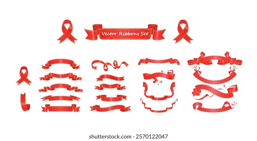Versatile Red Vector Ribbons Set - Ideal for Labels, Campaigns, Branding, and Graphic Design Projects