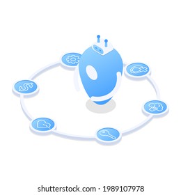 Un versátil concepto de asistente de robots. Supervisión de estado, control financiero, servicio al cliente.Ilustración vectorial de estilo isométrico. Aislado sobre fondo blanco.