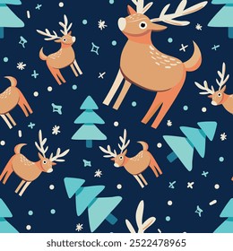 Versatile Scandinavian animal pattern featuring trees and deers. Ideal for wallpapers, posters, fabric prints, or any project that needs a touch of Nordic whimsy. Hand-drawn vector illustration