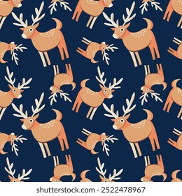 Versatile Scandinavian animal pattern featuring trees and deers. Ideal for wallpapers, posters, fabric prints, or any project that needs a touch of Nordic whimsy. Hand-drawn vector illustration