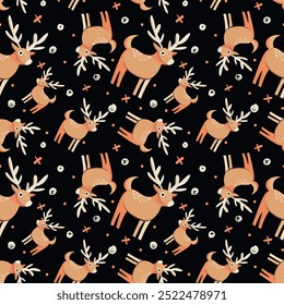 Versatile Scandinavian animal pattern featuring trees and deers. Ideal for wallpapers, posters, fabric prints, or any project that needs a touch of Nordic whimsy. Hand-drawn vector illustration