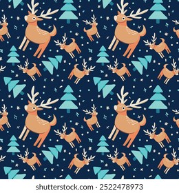 Versatile Scandinavian animal pattern featuring trees and deers. Ideal for wallpapers, posters, fabric prints, or any project that needs a touch of Nordic whimsy. Hand-drawn vector illustration