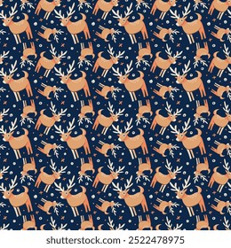 Versatile Scandinavian animal pattern featuring trees and deers. Ideal for wallpapers, posters, fabric prints, or any project that needs a touch of Nordic whimsy. Hand-drawn vector illustration