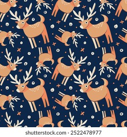 Versatile Scandinavian animal pattern featuring trees and deers. Ideal for wallpapers, posters, fabric prints, or any project that needs a touch of Nordic whimsy. Hand-drawn vector illustration