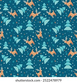 Versatile Scandinavian animal pattern featuring trees and deers. Ideal for wallpapers, posters, fabric prints, or any project that needs a touch of Nordic whimsy. Hand-drawn vector illustration