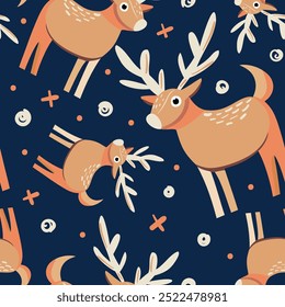 Versatile Scandinavian animal pattern featuring trees and deers. Ideal for wallpapers, posters, fabric prints, or any project that needs a touch of Nordic whimsy. Hand-drawn vector illustration