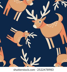 Versatile Scandinavian animal pattern featuring trees and deers. Ideal for wallpapers, posters, fabric prints, or any project that needs a touch of Nordic whimsy. Hand-drawn vector illustration