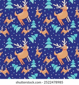 Versatile Scandinavian animal pattern featuring trees and deers. Ideal for wallpapers, posters, fabric prints, or any project that needs a touch of Nordic whimsy. Hand-drawn vector illustration