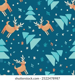 Versatile Scandinavian animal pattern featuring trees and deers. Ideal for wallpapers, posters, fabric prints, or any project that needs a touch of Nordic whimsy. Hand-drawn vector illustration