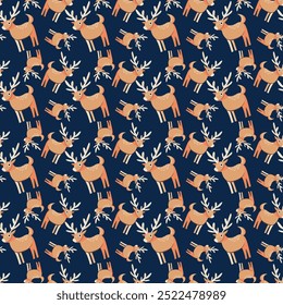 Versatile Scandinavian animal pattern featuring trees and deers. Ideal for wallpapers, posters, fabric prints, or any project that needs a touch of Nordic whimsy. Hand-drawn vector illustration