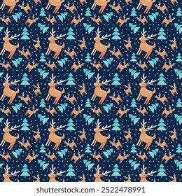 Versatile Scandinavian animal pattern featuring trees and deers. Ideal for wallpapers, posters, fabric prints, or any project that needs a touch of Nordic whimsy. Hand-drawn vector illustration