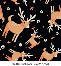 Versatile Scandinavian animal pattern featuring trees and deers. Ideal for wallpapers, posters, fabric prints, or any project that needs a touch of Nordic whimsy. Hand-drawn vector illustration