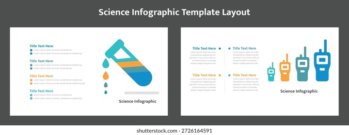 Versatile science infographic template layout for presentations, featuring chemical liquid analysis and communication technology devices.