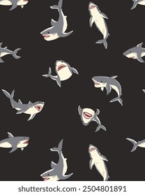 A versatile seamless pattern featuring a variety of shark silhouettes. This design can be easily adapted to a wide range of products and applications, from textiles and packaging to digital prints.