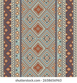 Padrão versátil sem emenda com uma rica tapeçaria de desenhos geométricos tribais. Paleta de cores terrosas adequada para uma ampla gama de aplicações, incluindo impressão de tecido, papel digital, embalagem
