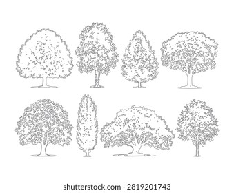 Versatile selection of hand drawn tree sketches for architectural site planning and landscape architecture featuring diverse canopy textures and trunk styles for garden design visualization and urban forestry projects including tall narrow and wide spreading tree outlines.