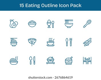 Um conjunto versátil de 15 ícones vetoriais de Contorno focado em Comer, ideal para aplicações móveis e web.