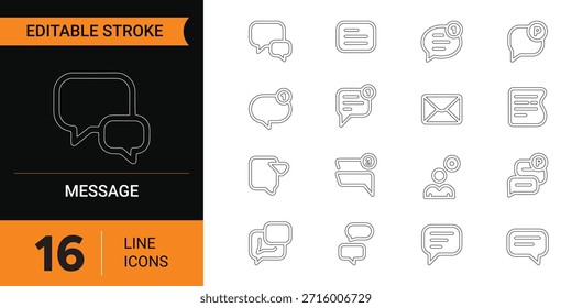 Versátil conjunto de 16 iconos de línea para mensajería, chat e interfaces de comunicación.eps