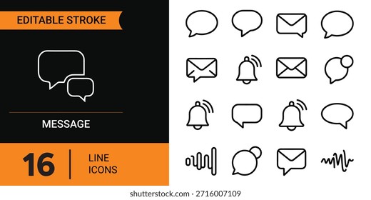 Conjunto versátil de 16 ícones de linha para mensagens, bate-papo