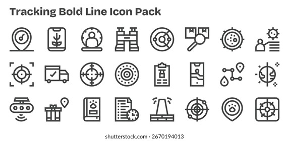 Un conjunto versátil de 24 iconos vectoriales Bold Outline enfocados en el seguimiento, ideal para aplicaciones móviles y de Web.