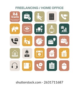 A versatile set of 24 flat design icons representing freelancing and home office concepts including remote work productivity tools and personal workspace elements for digital use