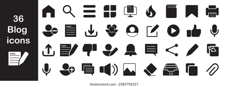 A versatile set of 36 blog-related icons, ideal for enhancing blogs, websites, and content platforms. These icons cover essential functions like posting, sharing, editing, and more