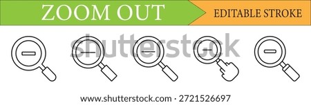 Versatile set of 5 zoom out magnifying glass icons with minus sign. Perfect for web interfaces, mobile apps, and navigation design. Editable stroke.
