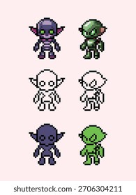 A versatile set of 8-bit style pixel art fantasy character sprites. This collection features two small enemy creatures a purple imp or dark goblin and a classic green goblin warrior.