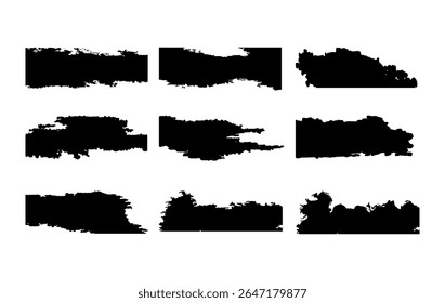 A versatile set of 9 high contrast grunge brush stroke banners designed for creative professionals. Each element features textures with rough, distressed rectangle brush shapes