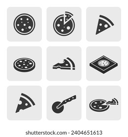 Versatile Set of 9 Simple Pizza Icons: Whole, Slice, Isometric, Pizza Box, Cutter. Black Silhouettes Isolated on White Background. Vector Design, Illustration in Flat Style for Maximum Creativity