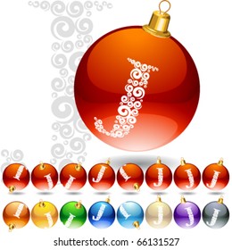 Conjunto versátil de símbolos alfabéticos en bolas de Navidad. Letra j