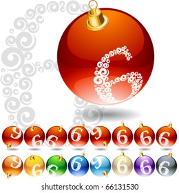 Versatile set of alphabet symbols on Christmas balls. Letter 6