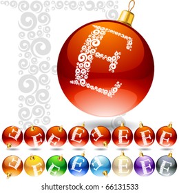 Versatile set of alphabet symbols on Christmas balls. Letter e