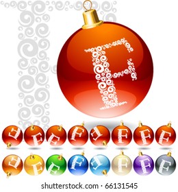 Versatile set of alphabet symbols on Christmas balls. Letter f