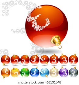 Versatile set of alphabet symbols on Christmas balls. Letter 3