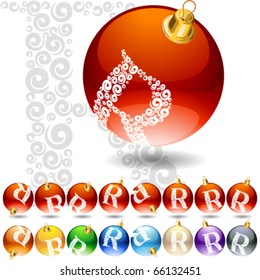 Versatile set of alphabet symbols on Christmas balls. Letter r