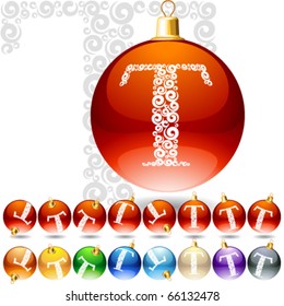 Versatile set of alphabet symbols on Christmas balls. Letter t
