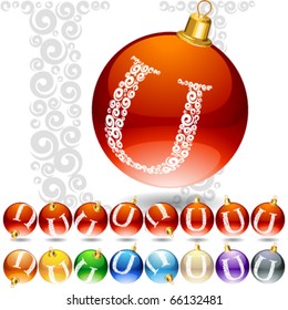 Versatile set of alphabet symbols on Christmas balls. Letter u