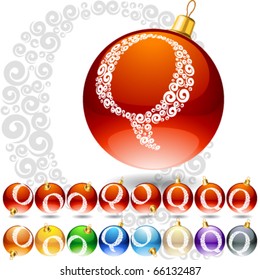 Conjunto versátil de símbolos alfabéticos en bolas de Navidad. Letra q