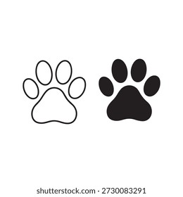 A versatile set of animal paw print icons featuring both minimalist outline and bold solid silhouette styles, perfect for pet shop branding, veterinary clinic logos, or animal tracking app interfaces