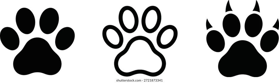 Um conjunto versátil de ícones de impressão de pata de animal preto, incluindo desenhos sólidos, contornados e garrados, em um fundo branco limpo.