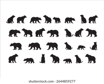 A versatile set of black bear silhouettes in diverse poses is presented against a clean white background. 