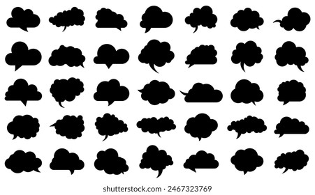 A versatile set of black cloud-shaped speech bubbles. Ideal for creative designs, comics, and expressive communication graphics.