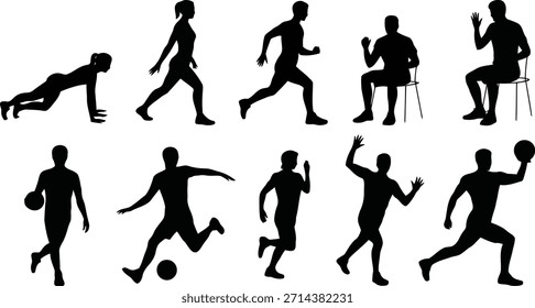 Un conjunto versátil de siluetas humanas negras que muestran varios movimientos atléticos, incluyendo correr, caminar, planking y deportes de pelota.