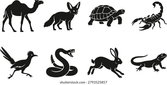 A versatile set of black icons featuring various desert wildlife species such as a fennec fox, tortoise, and roadrunner. This clean vector kit is ideal for educational materials, nature conservation branding, and travel themed graphic designs.