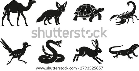 A versatile set of black icons featuring various desert wildlife species such as a fennec fox, tortoise, and roadrunner. This clean vector kit is ideal for educational materials, nature conservation branding, and travel themed graphic designs.