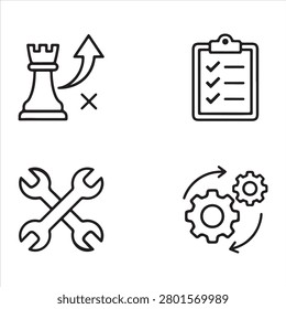 A versatile set of black line icons representing strategy planning, task management, tools, and process optimization. Featuring designs like a chess rook with arrows, a clipboard checklist, crossed wrenches, and interlocking gears with circular arrows, these minimalist symbols capture the essence of organization, workflow improvement, and business success. Perfect for presentations, dashboards, and productivity apps, this set ensures clarity and consistency in visual communication.

#StrategyIcons #PlanningTools #ProcessOptimization #BusinessManagement #WorkflowDesign #ProductivityIcons #MinimalistDesign #TaskManagement #SystemImprovement #LeadershipIcons
